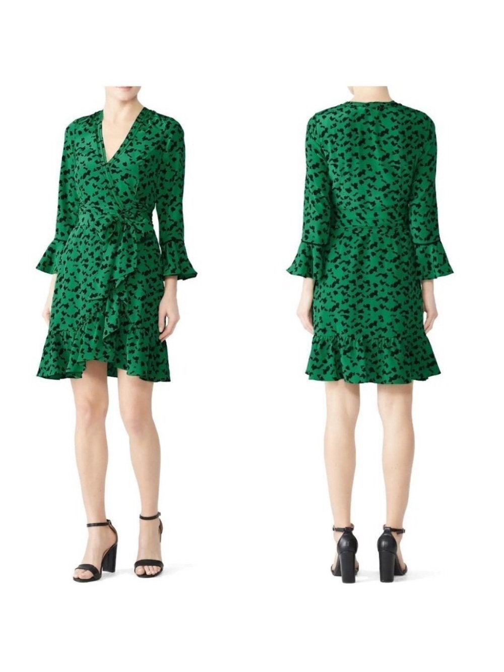 Tanya Taylor Silk Wrap Dress Green Black Print Ruffle Size 8